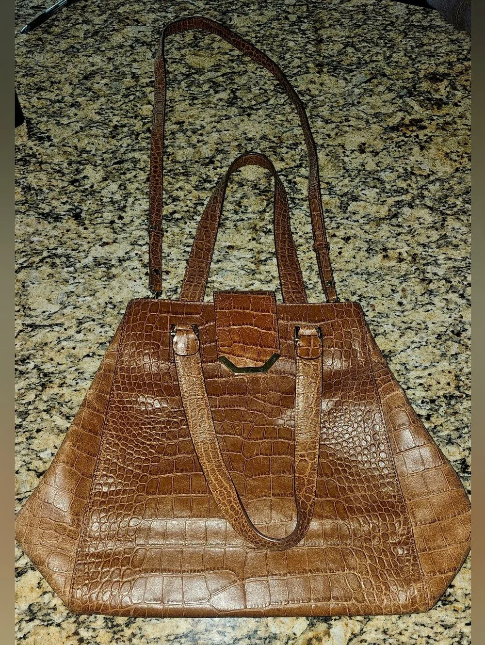 Brooks Brothers Crocodile-Embossed Leather Tote, characterized brown Leather